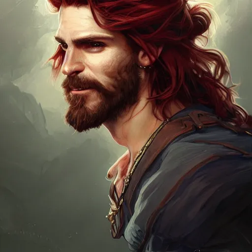 Prompt: portrait of a young ruggedly handsome but joyful pirate, male, masculine, upper body, red hair, waist long hair, d & d, fantasy, intricate, elegant, highly detailed, digital painting, artstation, concept art, matte, sharp focus, illustration, art by artgerm and greg rutkowski and alphonse mucha