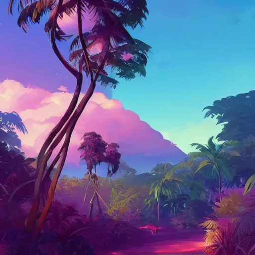 Image similar to tropical jungle, 2 moons in the sky above, purple tinged sky, behance hd artstation by jesper ejsing by rhads, makoto shinkai and lois van baarle, ilya kuvshinov, ossdraws