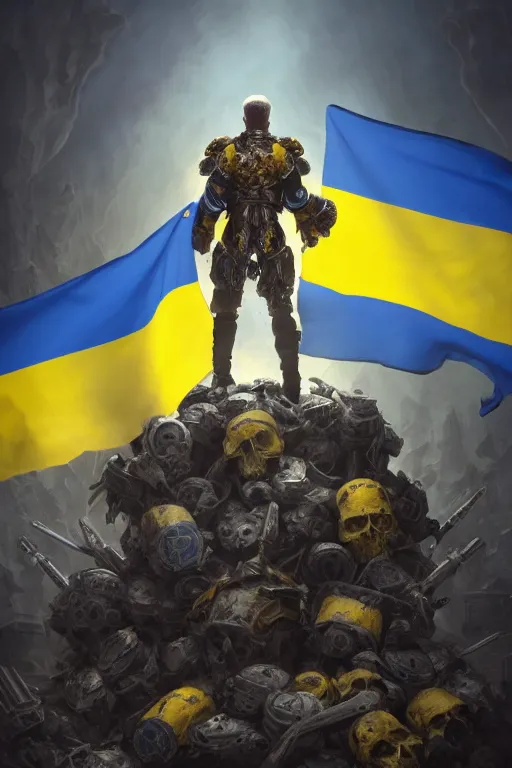 Image similar to a distant shot from behind of a Ukrainian super soldier with blue and yellow flag behind him standing alone on a huge pile of skulls as a winner, masculine muscular figure, D&D, fantasy, intricate, elegant, highly detailed, extremely detailed, rim lighting, octane render, 8k, digital painting, artstation, concept art, matte, sharp focus, symmetrical, illustration, art by Artgerm and Greg Rutkowski and Alphonse Mucha