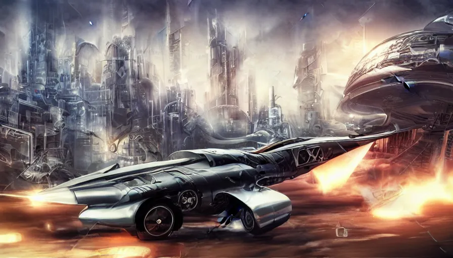 Prompt: Oldtimer Car with Jet Engines for wheels flying through a futuristic city, action shot, concept art, highly detailed