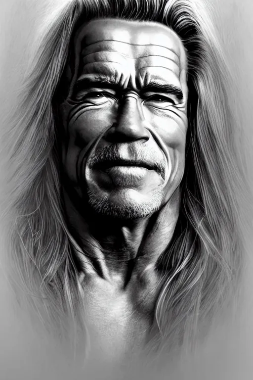 Image similar to Portrait of arnold Schwarzenegger with long white hair, elegant, photorealistic, highly detailed, artstation, smooth, sharp focus, celtic rune ornaments, neon lighting, sci-fi, art by Klimt