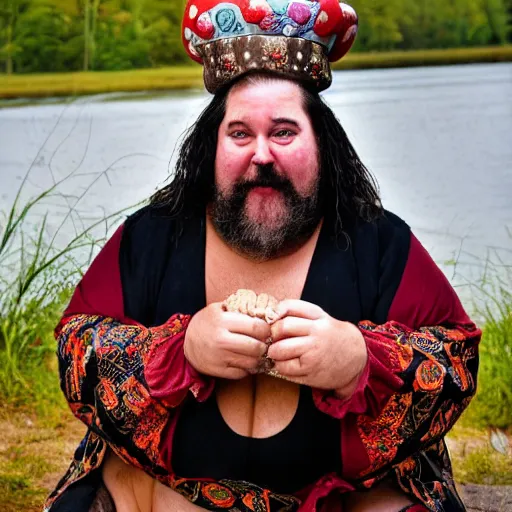 Prompt: a realistic high definition 3 5 mm magazine centerfold full body photograph of an overweight bearded old witch. she is wearing a ceremonial bikini outfit made of finely embroidered leather and a finely carved wooden mushroom crown. she is holding a mushroom up to her nose and sniffing enthusiastically and smiling. natural light and river setting. dynamic composition and volumetric lighting