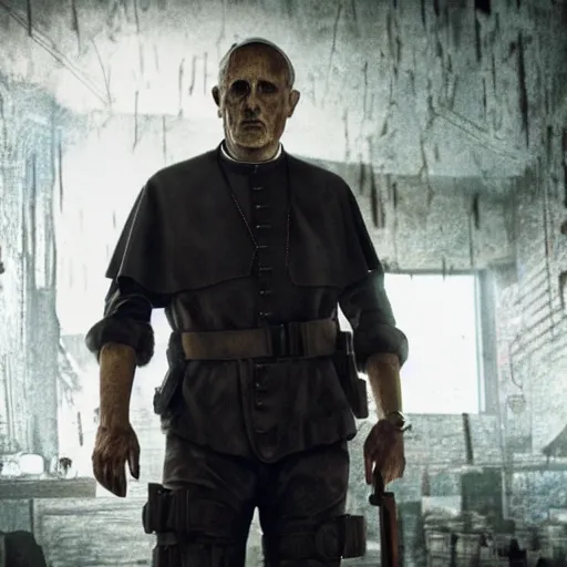 Prompt: movie still, movie frame, the pope as the main character in resident evil