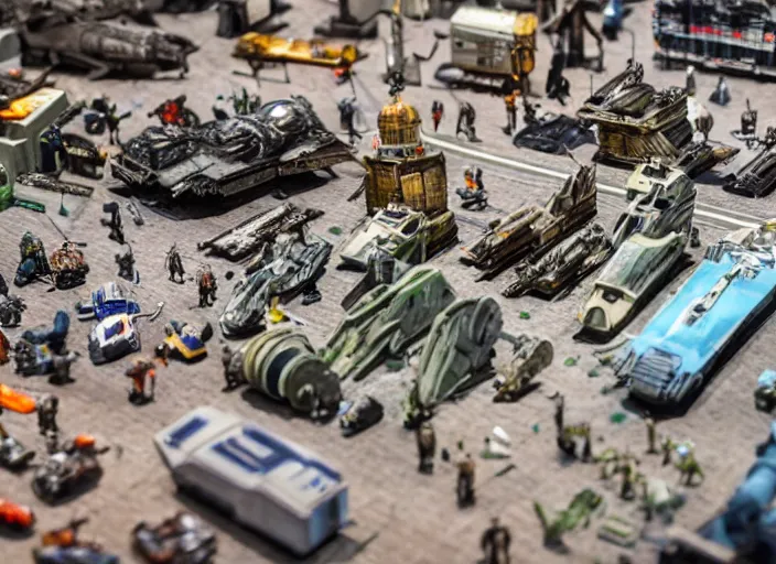 Image similar to a photo of a epic grand scale diorama of star wars figures and vehicles and buildings, canon, macro photography, tilt - shift photography