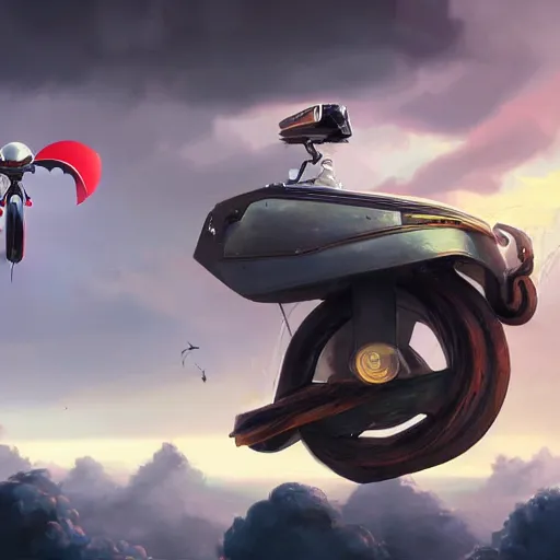 Image similar to an epic fantasy illustration of a flying robotic vespa scooter among the clouds by alejandro burdisio, industrial, hydraulics, prosthetics, 4K, golden hour hues