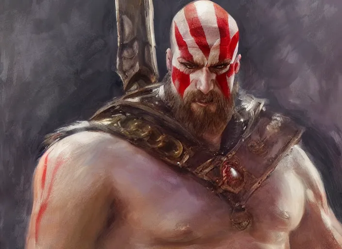 Image similar to a highly detailed beautiful portrait of trump as kratos, by gregory manchess, james gurney, james jean