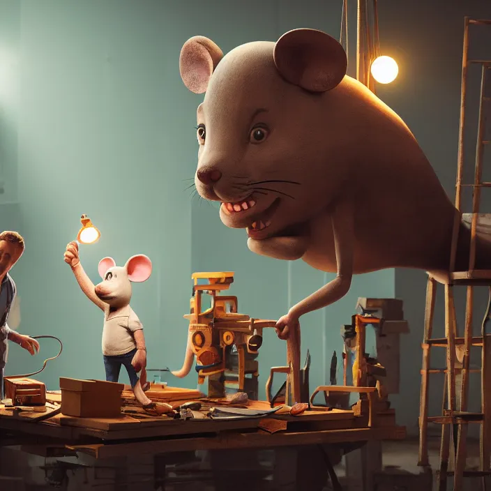 Image similar to crew of workers building giant mouse - movie prop - head in quaint workshop, octane render, 4 k ultra hd, hyper - detailed, realistic, seedy lighting, sharp focus, in style of beeple