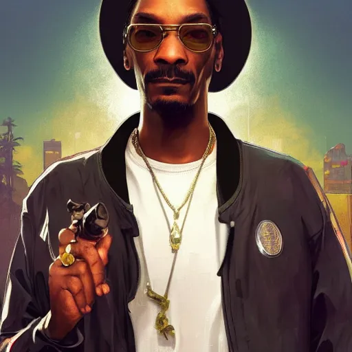 Prompt: Snoop Dog loading screen for Grand Theft Auto 5, intricate, highly detailed, digital painting, artstation, concept art, sharp focus, illustration, art by greg rutkowski and alphonse mucha