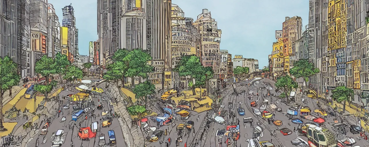 Prompt: beautiful detailed comic illustration of avenida paulista with no cars, colored