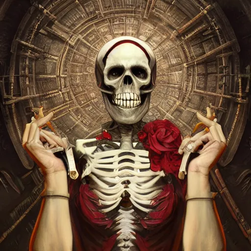 Image similar to a skeleton with big googly eyes, wearing designer clothes, dancing at a techno rave, historical, intricate, highly detailed, dynamic lighting, digital art, digital painting, artstation, wlop, sharp focus, illustration, art by artgerm and greg rutkowski and alphonse mucha