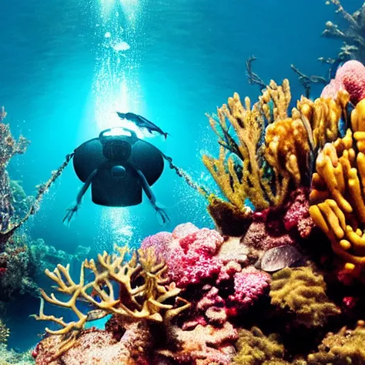 Image similar to an underwater photo of an alien swimming in a coral reef