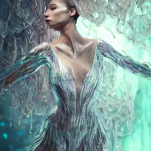 Prompt: a highly detailed ethereal full body, digital image of a elegantly posed dancing futuristic woman beautifully intertwined in realistic chrome foliage dress liquid like water, full body shot, by Andrew Chiampo, artstation, and Frederik Heyman, extremely detailed woman, stunning volumetric lighting, hyper realism, fantasy, intricate detail, 4k,