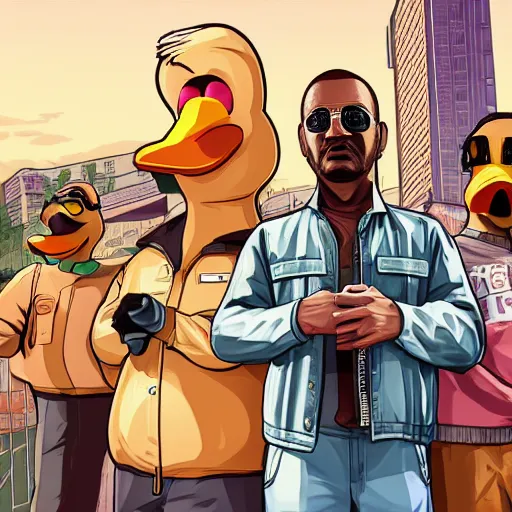 Image similar to An anthropomorphic duck as a GTA character, GTA artwork midshot, by Rockstar Games