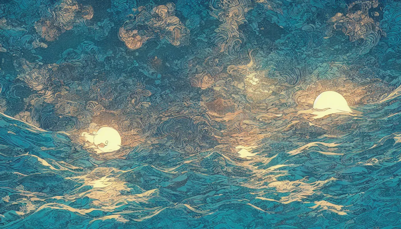 Image similar to open ocean with setting sun, chinese ink brush, yukio - e, kilian eng, victo ngai, josan gonzalez