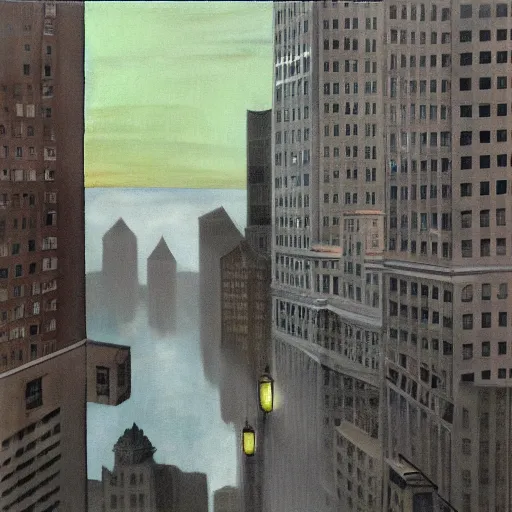 Image similar to muted color ultra realistic painting of a balcony view of 1 9 2 5 boston downtown at night, the sky is distorted and broken like a smashed mirror, and the foreground looks like it is underwater, dark, brooding, night, atmospheric, ultra - realistic, smooth, highly detailed in the style of clyde caldwell