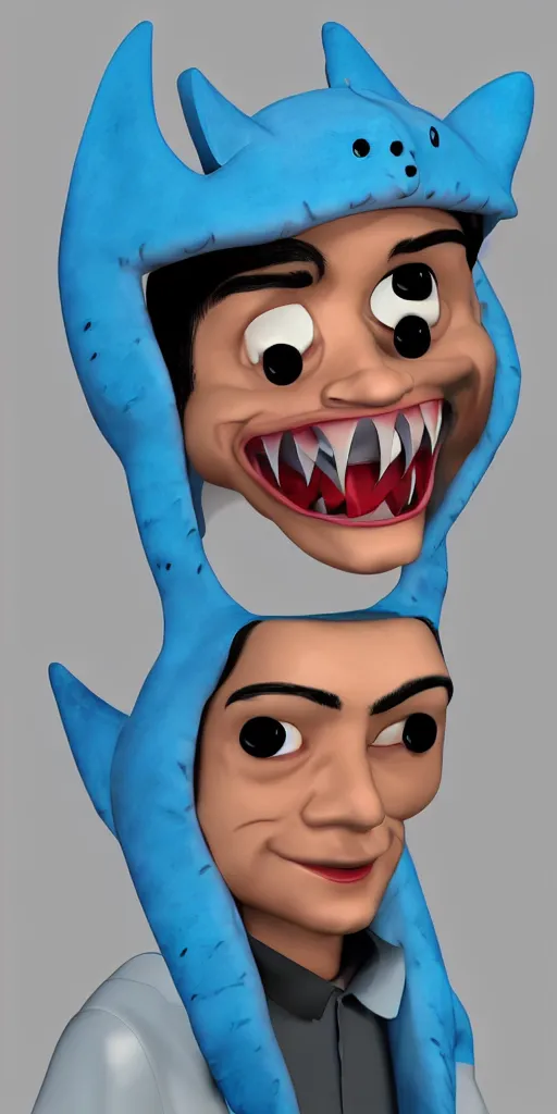 Image similar to 'cartoon concept character in 3d, a young Hispanic guy wearing a cartoon shark cloth facemask'