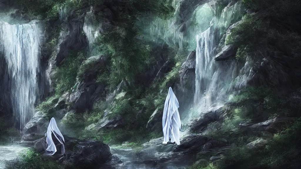 Image similar to ghost!!! made of transparent cloth, medium shot, ((waterfall in the background)), hyperdetailed, artstation, cgsociety, 8k