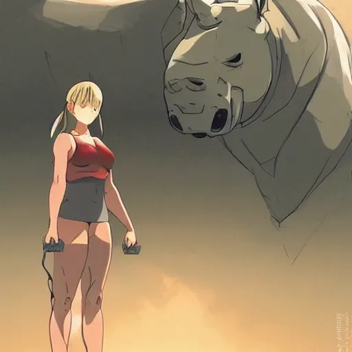 Image similar to a strong rhino at the gym, illustration concept art anime key visual trending pixiv fanbox by wlop and greg rutkowski and makoto shinkai and studio ghibli and kyoto animation symmetrical facial features