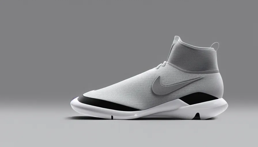 Prompt: ' realistic photo shoot of nike air futuristic brand new, side view, professional studio light, grey base, black swoosh, white background'