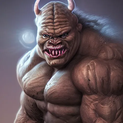 Image similar to a muscle bound ogre warrior, photo, professionally retouched, dramatic lighting, wearing bone armor, illuminated by moonlight, realistic, scared face, demonic, predator eyes, wide angle, sharp focus on eyes, 8 k high definition, insanely detailed, intricate, elegant, art by artgerm and wlop