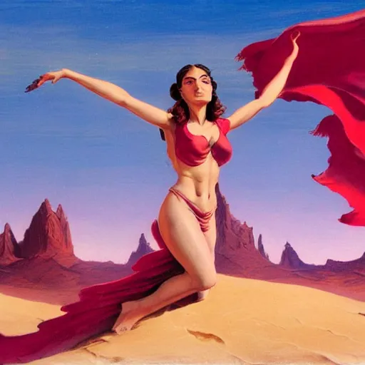 Prompt: Silk sheet desert ecstasy Bedouin under crimson azure diamond sky, in the style of Frank Frazetta, Jeff Easley, Caravaggio, extremely clear faces coherent, clear lines, 8K revolution