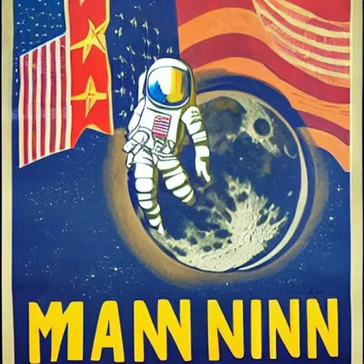 Image similar to americanized propaganda poster, moon landing