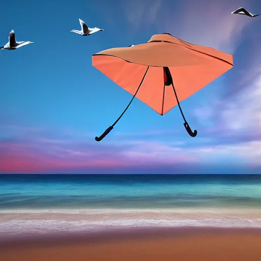 Prompt: seagulls flying over a beach umbrella on the beach at sunrise, concept art, highly detailed, high quality, bright colors,