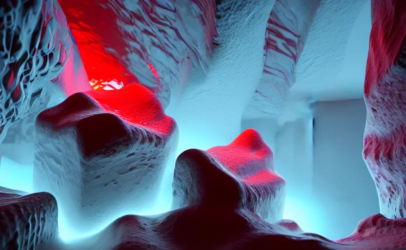 Prompt: liquid nitrogen with red water-cooling coolant flowing through latent representations of ice caverns by centrifugal forces, gaming pc circuitry sticking out the walls!!!!, high detail, high contrast!, low-poly elements!!!, trending on artstation, octane render, subsurface scattering, ray-tracing, 4k