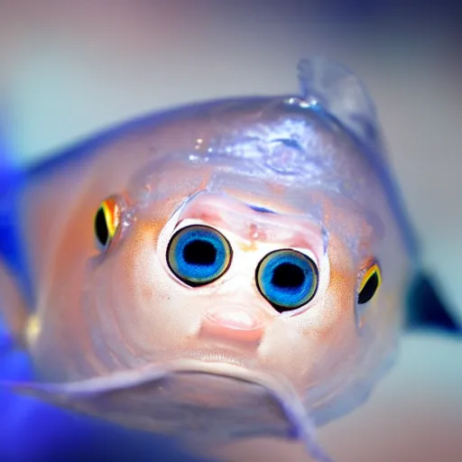 Prompt: a cute blue microscopic fish looking at the camera with large eyes