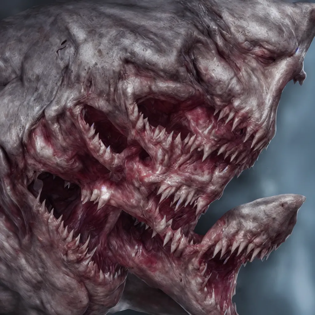 Image similar to A human with shark head made of muscles and flesh, very angry, teeth, ambient light, terror, glows, realistic, photo-realism, hyper realism, picture, detailed, 3D render, scary, distant shot, in the distance,