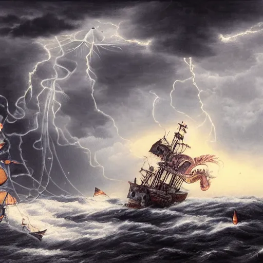 Image similar to a highly detailed hyperrealistic scene of a ship being attacked by giant squid tentacles, jellyfish, squid attack, dark, voluminous clouds, thunder, stormy seas, pirate ship, dark, high contrast