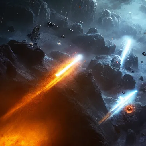 Prompt: dwarven space fleet encounters aliens in deep space, a dramatic space battle, cinematic scene, IMAX quality, 35mm, fierce, extremely moody lighting, glowing light and shadow, atmospheric, shadowy, cinematic, diffuse lighting, fantasy, intricate, elegant, highly detailed, lifelike, photorealistic