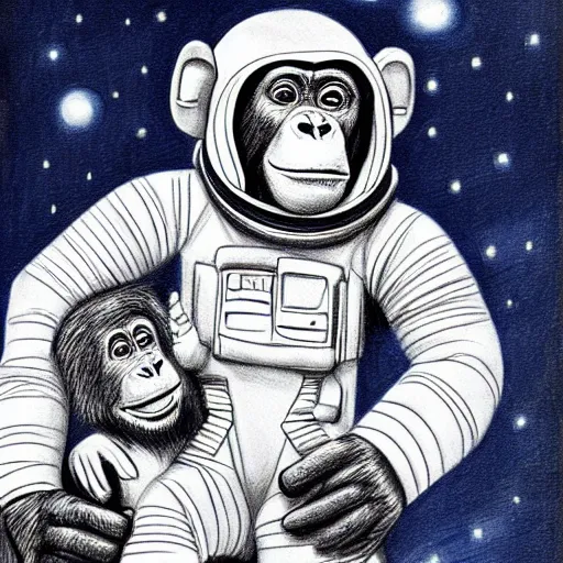 Image similar to pencil art, portait, highly detailed, epic, astronaut chimpanzee holding hands with astronaut.