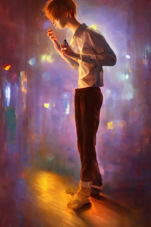 Prompt: realistic detailed full body picture of a sad finnish boy dancing in a south korean night club with a phone in hand, short brown hair, big eyes, masculine jawline, colorful, oil painting, cinematic lighting