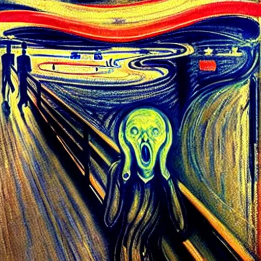 Prompt: A cyborg The Scream by Edvard Munch as the ultimate tyrant emperor of the universe. Trending on ArtStation. A vibrant digital oil painting. A highly detailed fantasy character illustration by Wayne Reynolds and Charles Monet and Gustave Dore and Carl Critchlow and Bram Sels