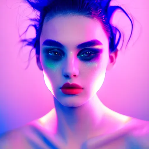 Image similar to high fashion photography of a model in neo futurism white sci - fi neon light led makup, transparent cloth, beautifully lit