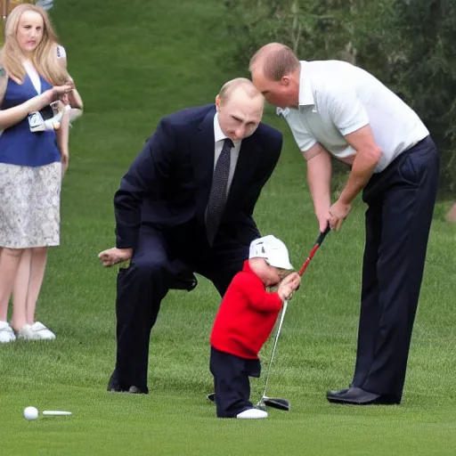 Prompt: Vladimir Putin new born son playing golf with Adolf Hitler