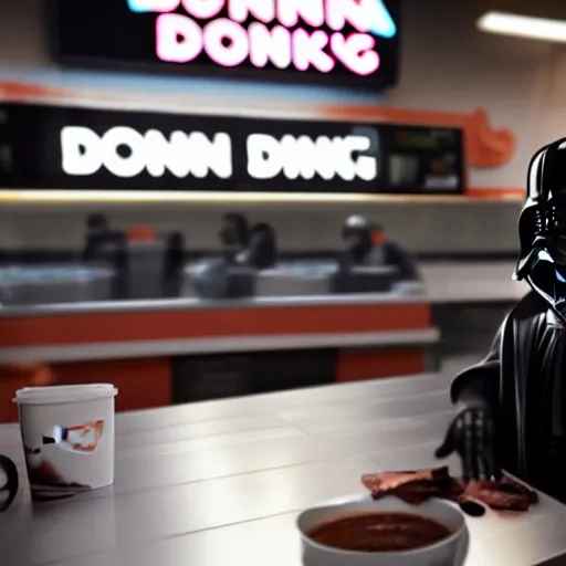 Image similar to darth vador working at dunkin donuts , 8k cinematic lighting, very sharp detail, anatomically correct