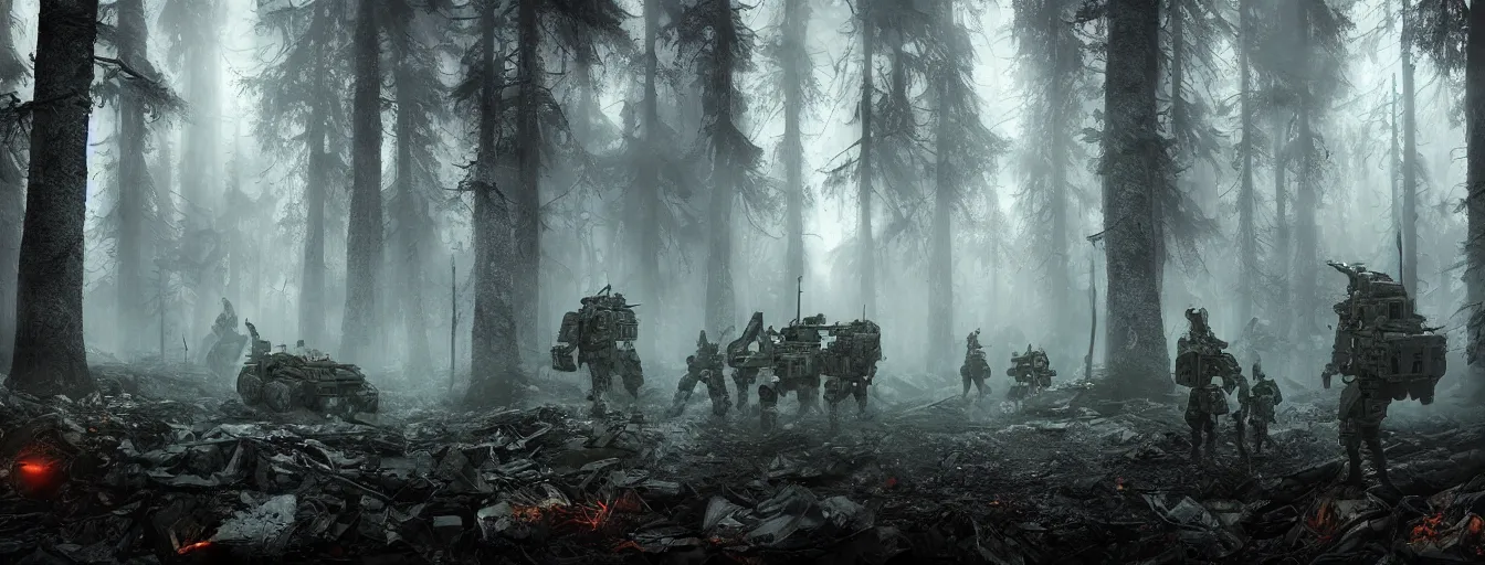 Prompt: dark foggy forest with military mechwarriors seeking with volumetric lights for people, postapocalyptic style, high detail, dramatic moment, motion blur, ground fog, dark atmosphere, saturated colors, by darek zabrocki, render in unreal engine - h 7 0 4