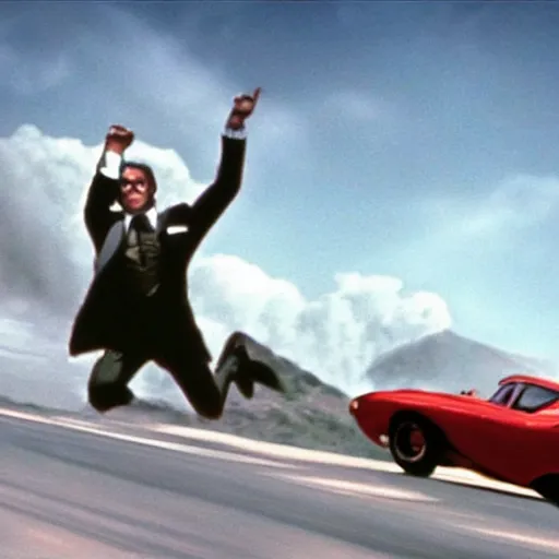 Image similar to car chased by anothrr car which is flying in the sky, movie still of James bond