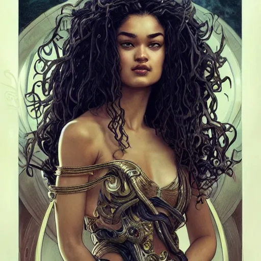 Prompt: Shanina Shaik as Medusa, frowning, scowl, snakes for hair, intricate, elegant, highly detailed, digital painting, artstation, concept art, smooth, sharp focus, illustration, art by artgerm and greg rutkowski and alphonse mucha and Chris Achilleos