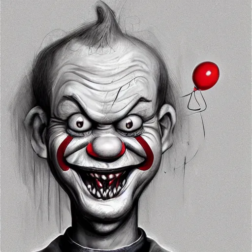 Prompt: surrealism grunge cartoon portrait sketch of the chunky with a wide smile and a red balloon by - michael karcz, loony toons style, pennywise style, horror theme, detailed, elegant, intricate