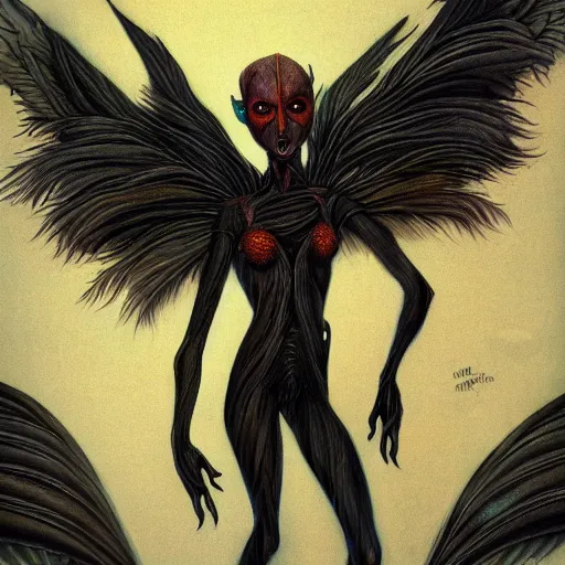 Image similar to detailed illustration of attractive humanoid alien species with beautiful human female face, female human torso, dark fae, black feathers instead of hair, feathers growing out of skin, wings growing out of arms, transformation, floating in zero gravity on starship, brian froud, tim burton, guillermo del toro, science fiction