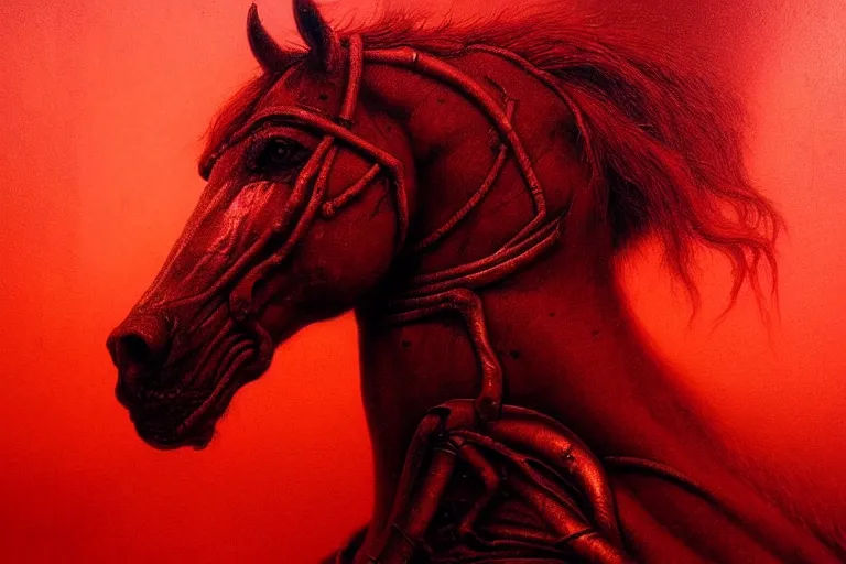 Prompt: a white cyberpunk horses with human heads, in the style of beksinski, intricate and epic composition, red by caravaggio, insanely quality, highly detailed, masterpiece, red light, artstation, 4 k