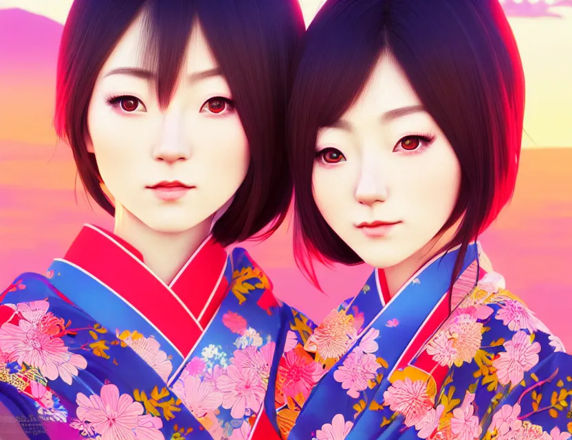 Image similar to two beautiful charming japan female superstar wear arty kimono in festival | | sunny night, festival,, realistic shaded, smile, good looking, hyper details, 4 k realistic, cryengine, realistic shaded lighting poster by ilya kuvshinov, fuji choko, ross tran, 8 k resolution, trending on artstation, luxury