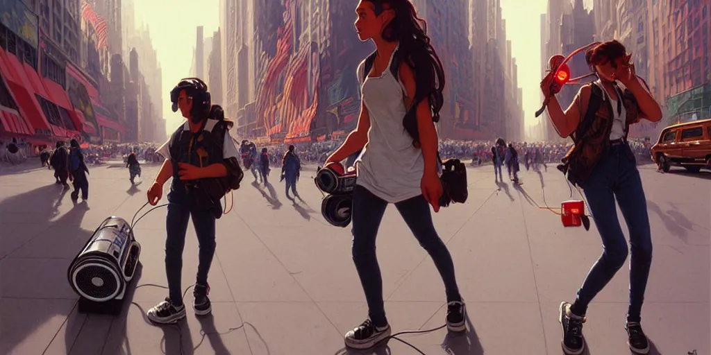 Image similar to a 1 9 9 0 s teenager with a boom box, walking down new york street, highly detailed, digital painting, artstation, concept art, matte, sharp focus, illustration, art by artgerm and greg rutkowski and alphonse mucha