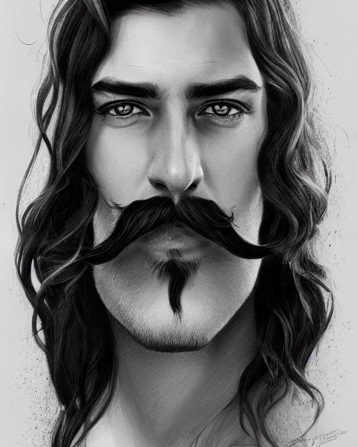 Image similar to a drawing of a man with long hair and a salvador dali mustache, an ultrafine detailed painting by Charlie Bowater, trending on Artstation, digital art, speedpainting, digital painting, artstation hq