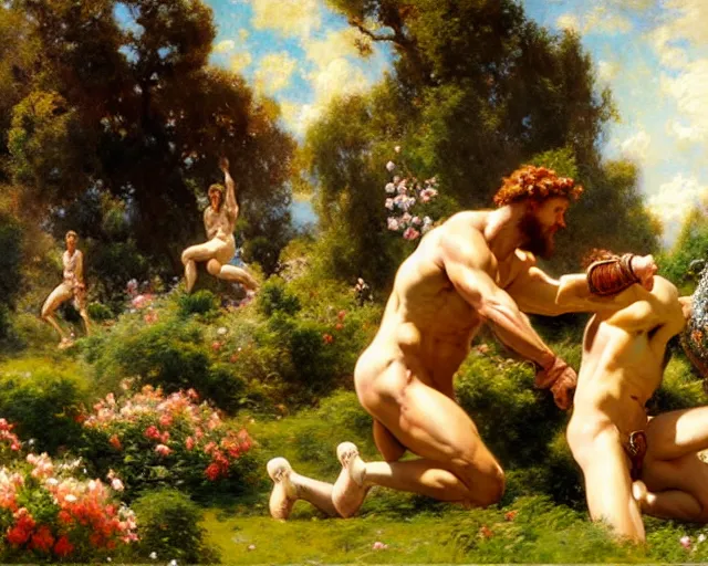 Image similar to hercules and achilles frolic in a meadow of beautiful flowers, large topiary and marble pillars in the background, painting by gaston bussiere, craig mullins, j. c. leyendecker, tom of finland