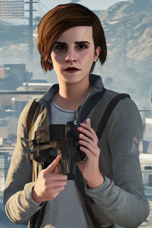 Prompt: Emma Watson as a GTA V NPC, in game capture. 3D Render.