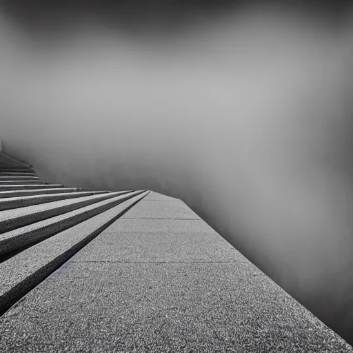 Image similar to black and white surreal photograph, highly detailed vast space made of stairsteps, sideview, detailed textures, natural light, mist, architecture photography, film grain, soft vignette, sigma 1 4 mm f / 1. 4 1 / 1 0 sec shutter, imax 7 0 mm footage